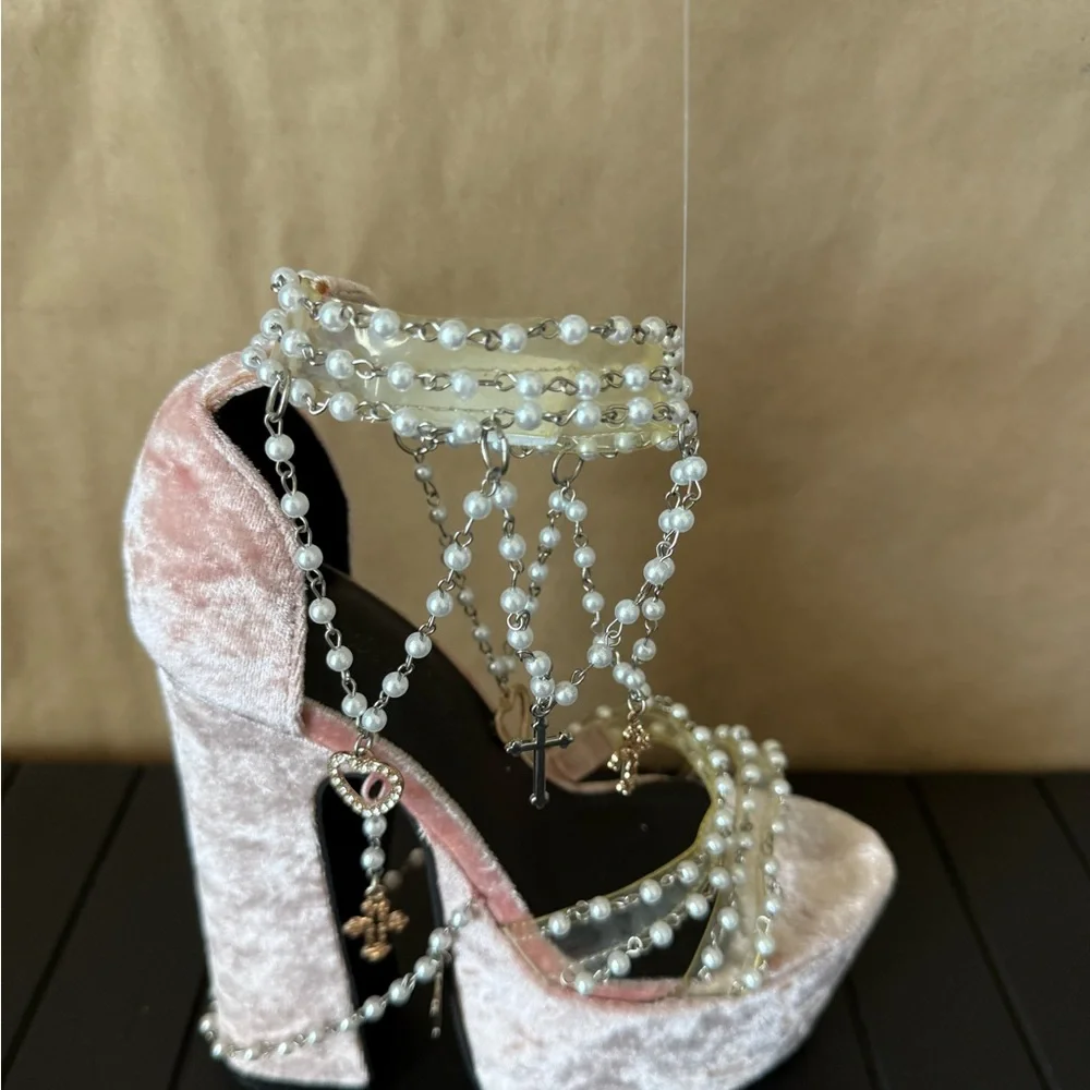 Dolls Kill Sugar Thrills Holy Revelation pink velvet platform heel. Size 5 - Picture 2 of 12